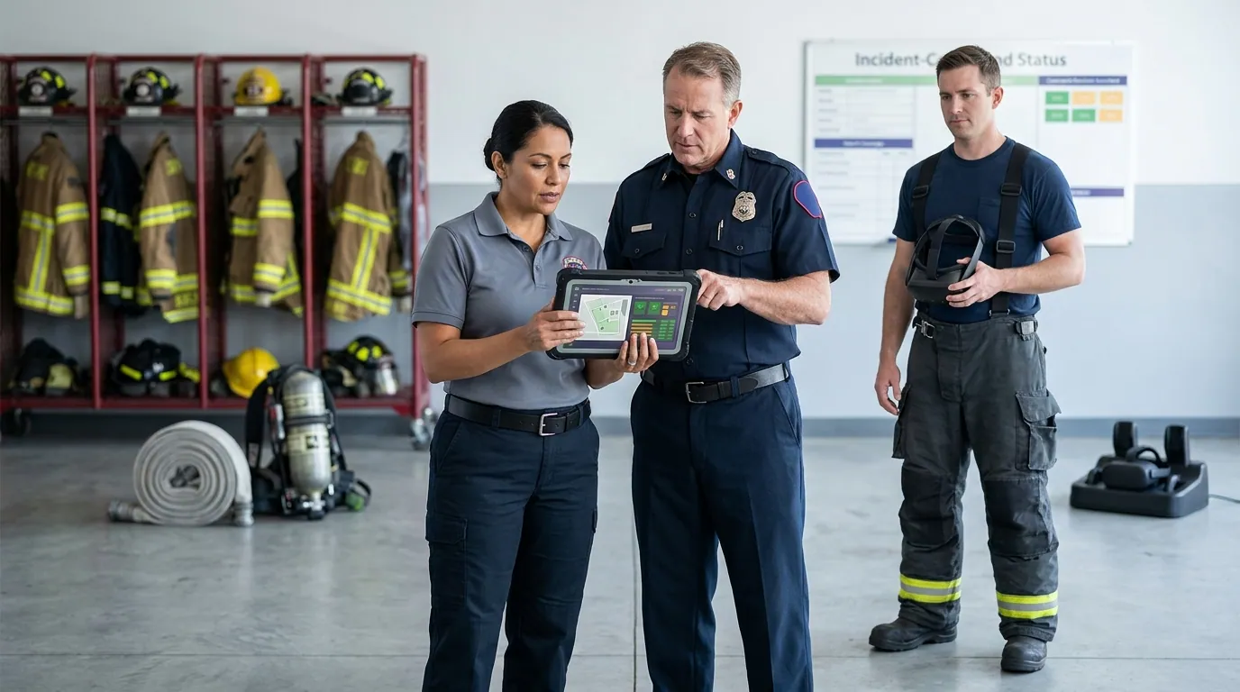 Fire department training officer and a company captain review a tablet showing search coverage and command decision data after a firefighter removes a Meta Quest headset following a simulated mayday scenario, with turnout gear and an incident command board in the background, demonstrating data-driven VR firefighter training