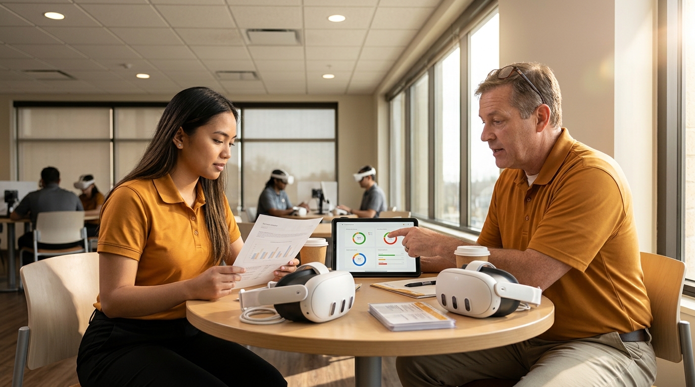 Franchise operations director reviewing a digital tablet showing VR training completion rates and performance scores across 12 franchise locations on a color-coded map dashboard, with a VR headset placed on the table in a corporate boardroom setting, illustrating how enterprise VR franchise training provides centralized visibility into employee competency across distributed locations
