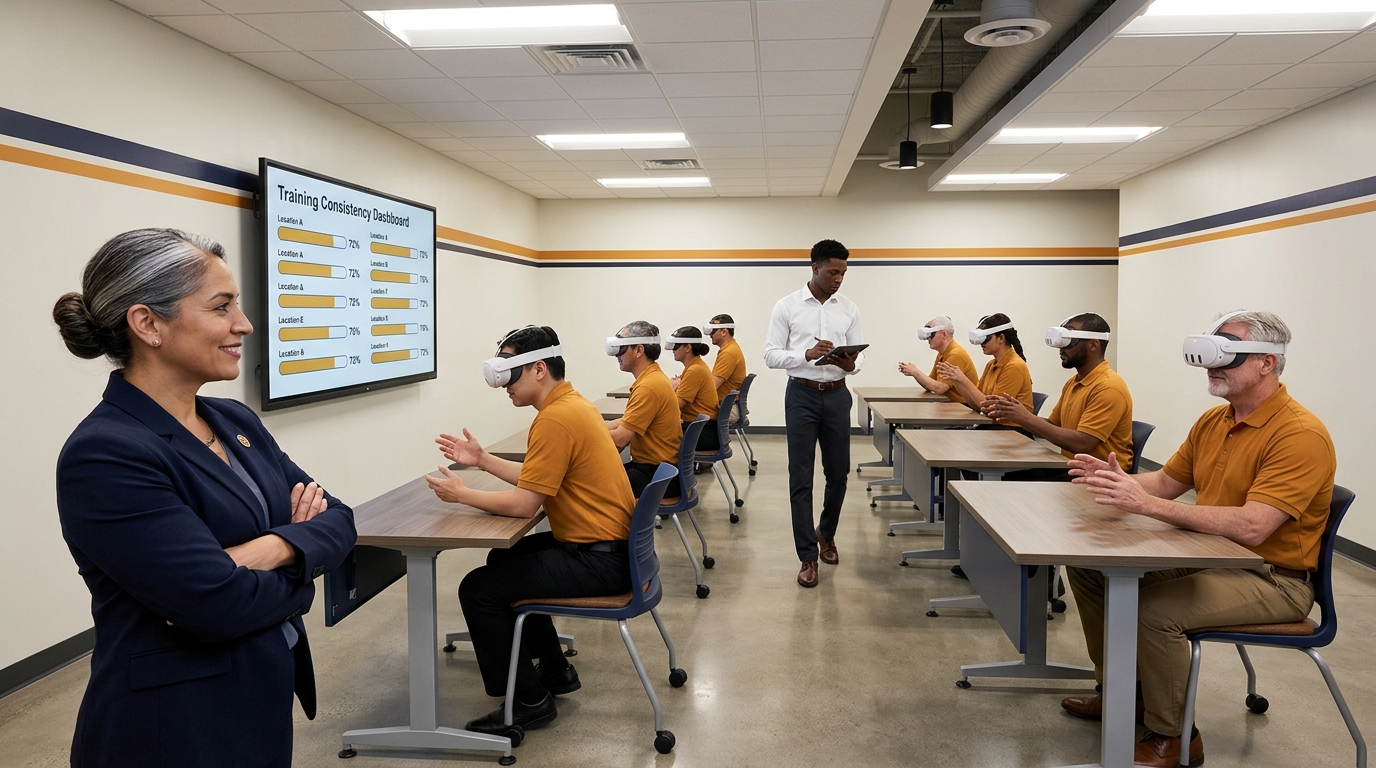 Regional training manager observing eight franchise employees in matching amber uniforms simultaneously training in VR headsets at individual stations
