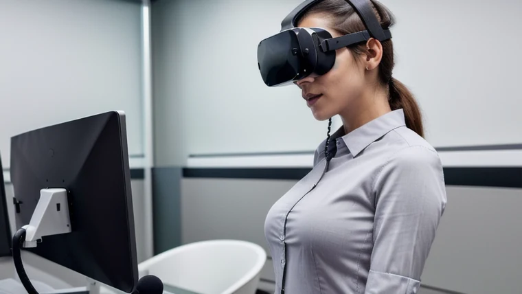 A row of modern standalone VR headsets on a white charging rack in an enterprise IT training room while an IT manager inspects one headset