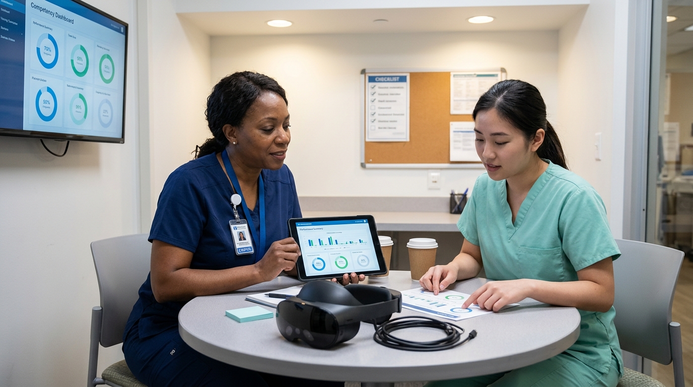 Hospital training coordinator in navy scrubs reviews real-time VR performance data on a tablet while a nursing staff member wearing a Meta Quest Pro headset completes a simulated patient handoff procedure in a healthcare simulation training room, with wall monitors displaying competency tracking dashboards showing procedure completion scores and critical decision accuracy metrics across the nursing team cohort