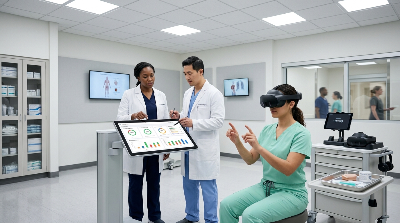 Clinical educators in white lab coats monitor nurse wearing VR headset during simulated patient handoff training in hospital simulation center