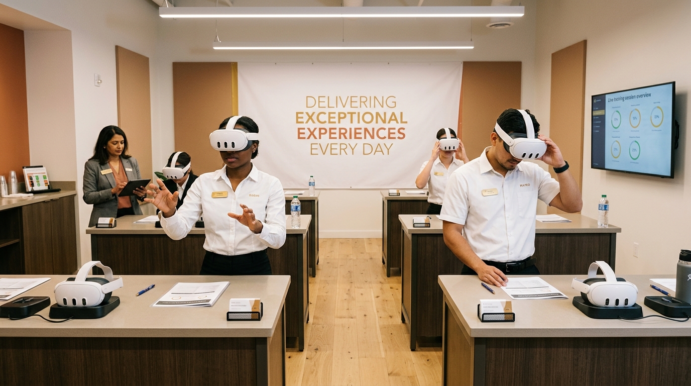 Hospitality training manager observes restaurant staff in VR headsets at individual training stations in modern corporate training room