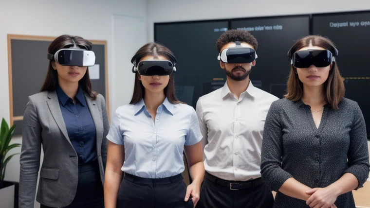 A diverse group of office employees using VR headsets at standing stations in a bright modern workplace training area while a facilitator guides them