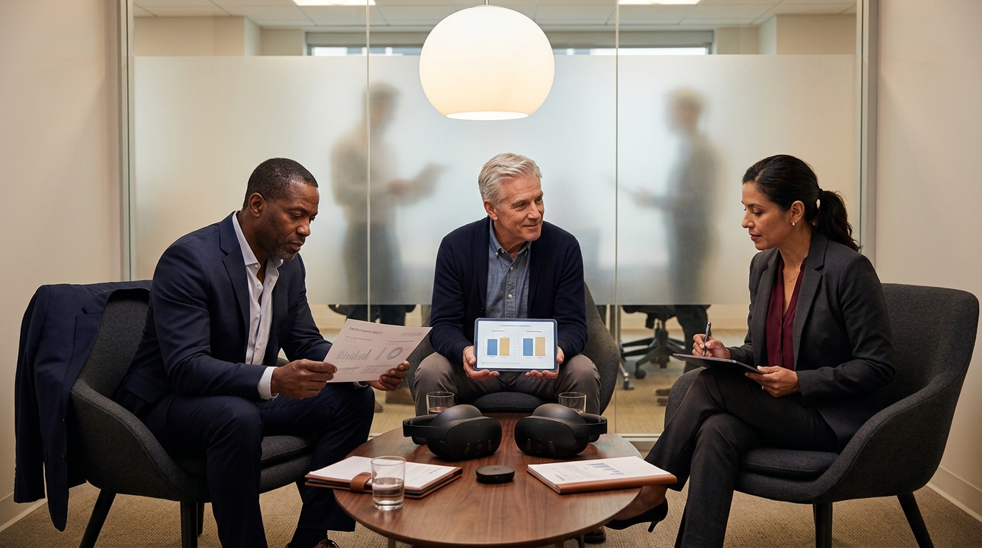 Two senior executives in business attire debriefing after a VR leadership training session in a high-end corporate coaching room, with a large monitor showing scored performance data from the simulation including decision quality metrics, communication effectiveness ratings, and emotional regulation scores from a difficult feedback conversation scenario, representing data-driven executive leadership development through immersive VR training