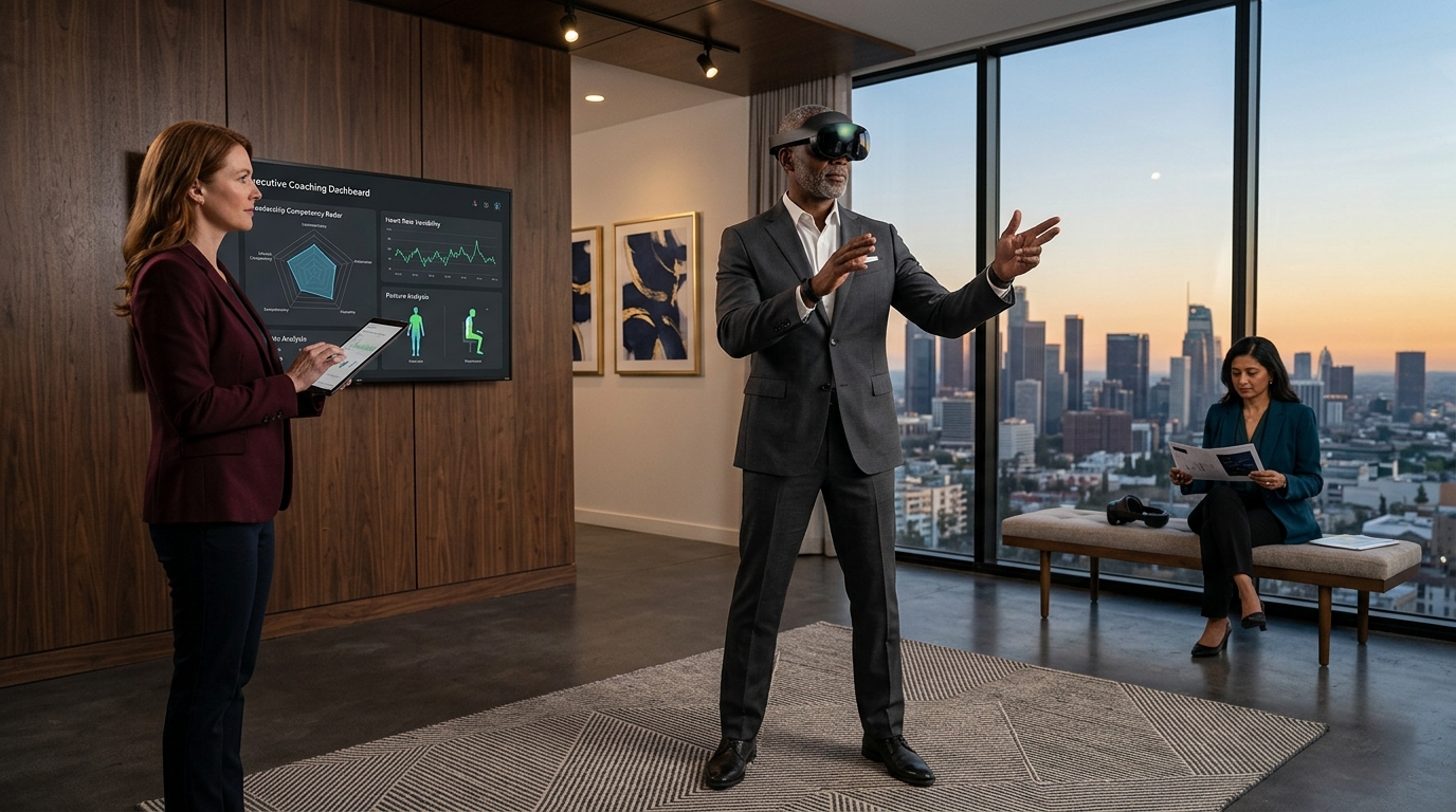 Senior executive in charcoal suit wearing Meta Quest Pro VR headset practicing leadership simulation while executive coach monitors performance dashboard