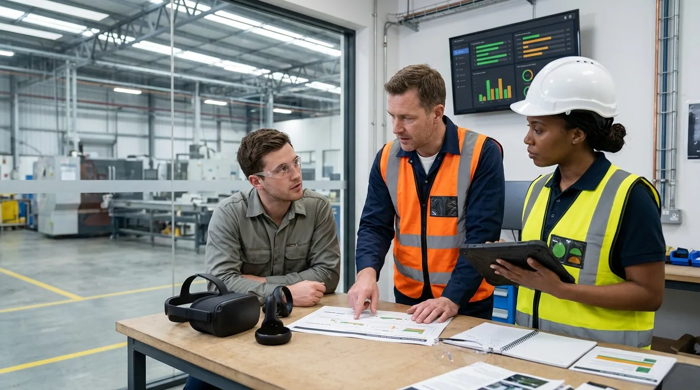 Two manufacturing supervisors in safety vests review printed VR training performance data with a line technician seated at a workbench after completing a simulated equipment calibration scenario, with a Meta Quest headset resting nearby and tablet showing step completion rates and error frequency metrics in an enterprise manufacturing VR training debrief