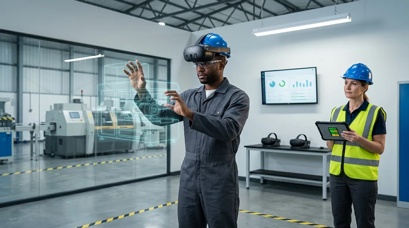 Manufacturing training manager in blue hard hat observes production line worker wearing Meta Quest Pro VR headset practicing a simulated lockout/tagout procedure on industrial machinery in a modern manufacturing plant training bay, with wall monitors displaying real-time procedure accuracy scores and safety compliance rates for enterprise VR manufacturing training