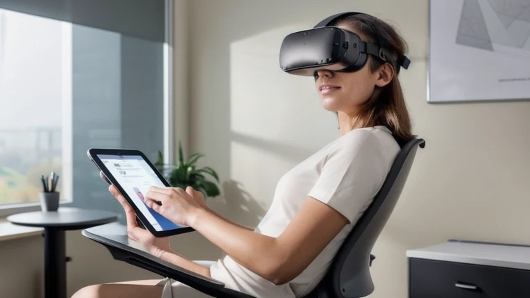 A comfortable seated worker wearing a modern VR headset in a calm well-lit training room while a trainer monitors comfort settings on a tablet