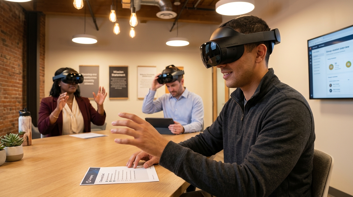 HR director and new employee reviewing VR onboarding performance data on a laptop in a bright modern office conference room, with the new hire's competency scores shown across multiple job scenarios, illustrating how VR employee onboarding programs produce measurable readiness data before the employee's first live performance