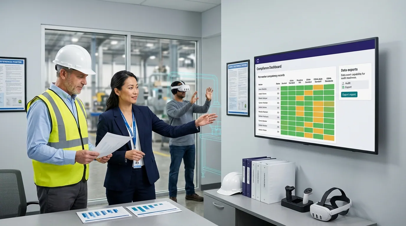 Compliance manager and a safety officer review an OSHA documentation dashboard showing per-worker competency records for lockout tagout and confined space procedures, while a worker completes a procedure in a Meta Quest VR headset nearby, illustrating VR training for OSHA compliance that documents competence not just attendance