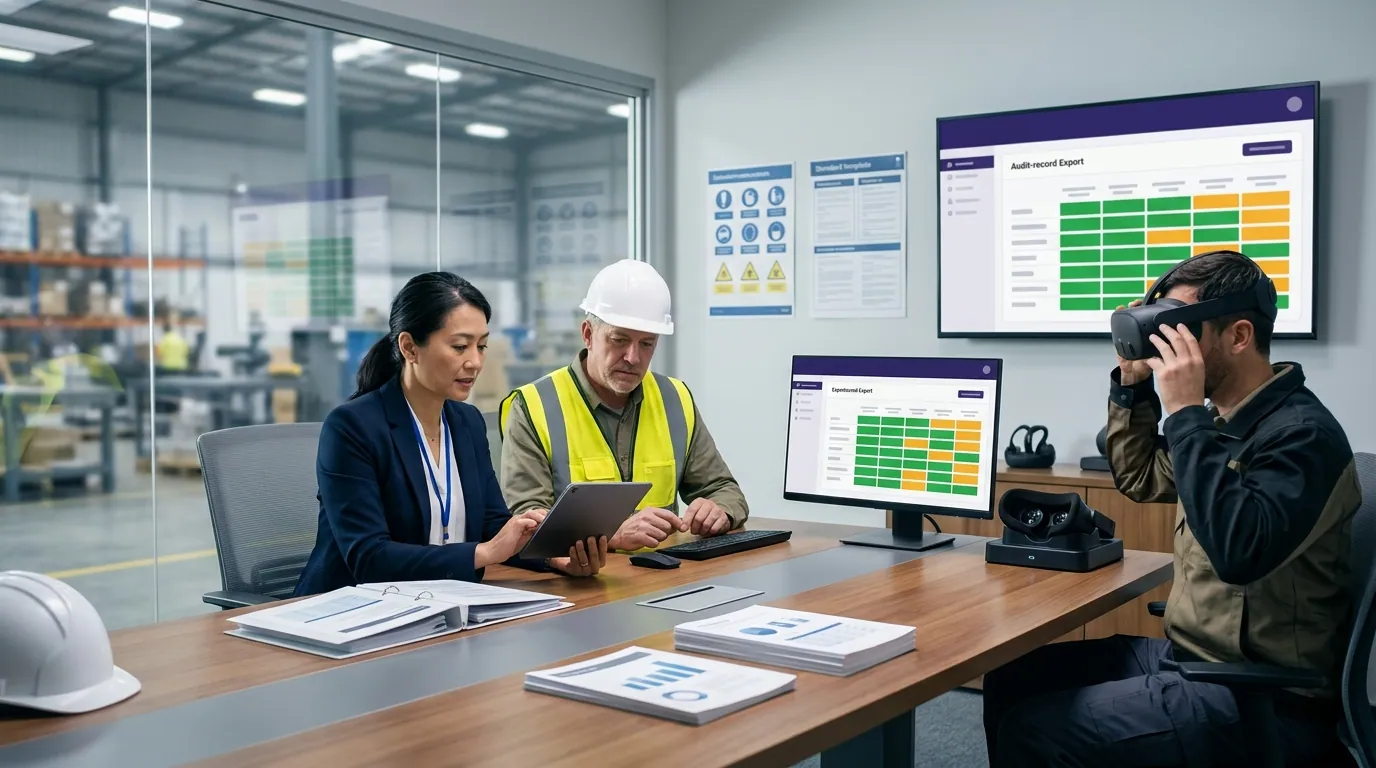 Safety compliance team reviews a tablet and monitor showing exportable per-worker xAPI competency records mapped to specific OSHA standards beside a worker removing a Meta Quest headset after a procedure simulation, demonstrating audit-ready OSHA compliance documentation from VR training