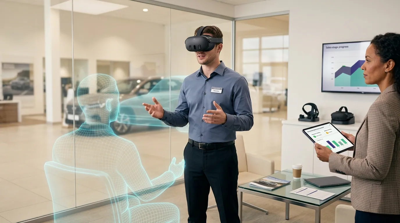 Automotive dealership sales rep wearing a Meta Quest VR headset practices a trade-in price objection with a simulated customer beside a virtual showroom vehicle, while a sales manager reviews conversation performance scores on a tablet in a modern dealership training room, illustrating VR sales training for automotive dealerships