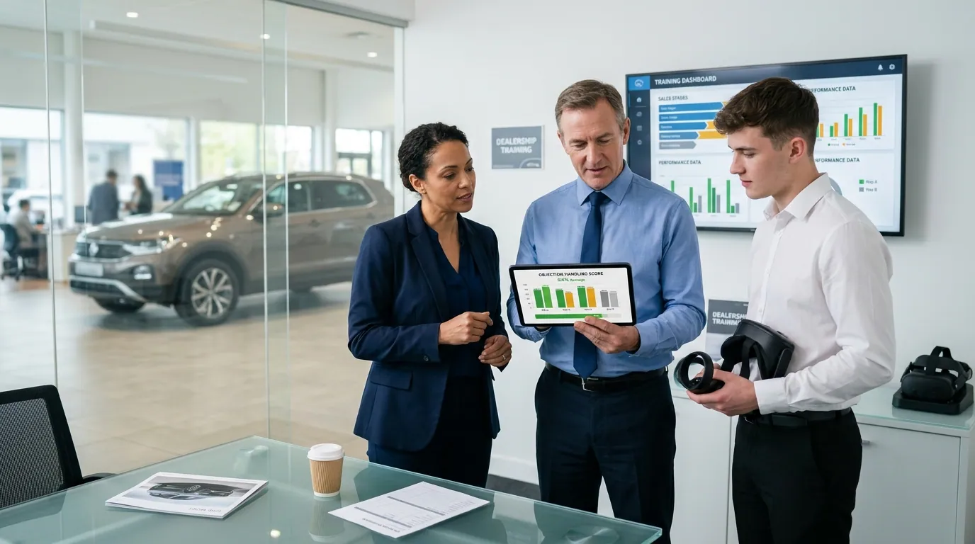 Dealership sales manager and a finance manager review a tablet showing per-rep VR objection-handling scores beside a salesperson removing a Meta Quest headset after an F&I disclosure simulation, with a virtual showroom screen in the background, demonstrating measurable VR sales training performance data for an automotive dealership team