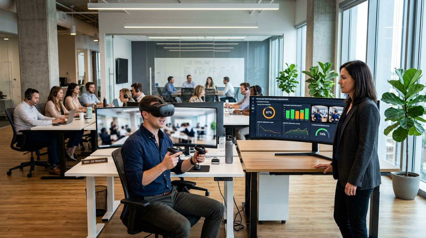 Sales representative wearing VR headset practicing simulated client meeting with performance dashboard visible