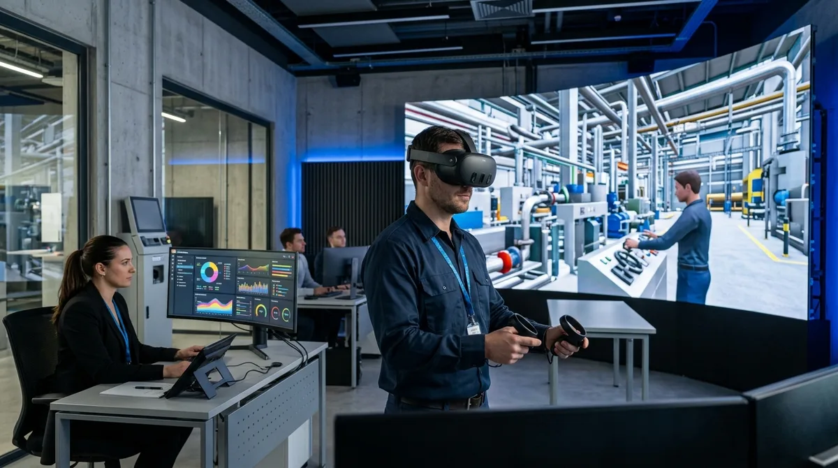 A worker wearing a standalone VR headset practices a detailed equipment operation procedure inside a high-fidelity virtual simulation of an industrial environment, while a training supervisor reviews step-by-step performance scoring on a monitor in a modern enterprise training room, professional technology photography.