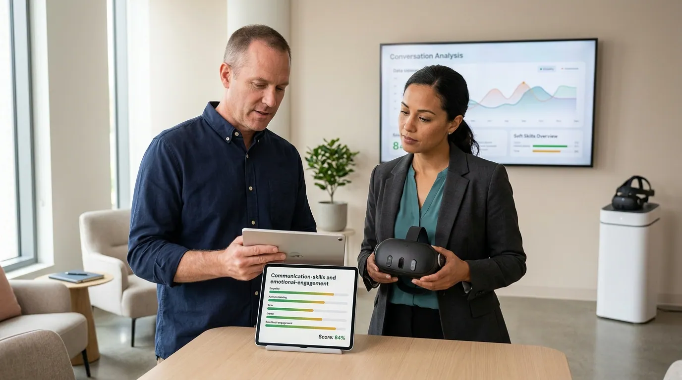 Two managers seated at a training room table review their VR soft skills session debrief scorecards with an L&D coach after completing a simulated conflict resolution scenario, with Meta Quest headsets on the table between them and a tablet displaying side-by-side decision comparison and communication quality analysis