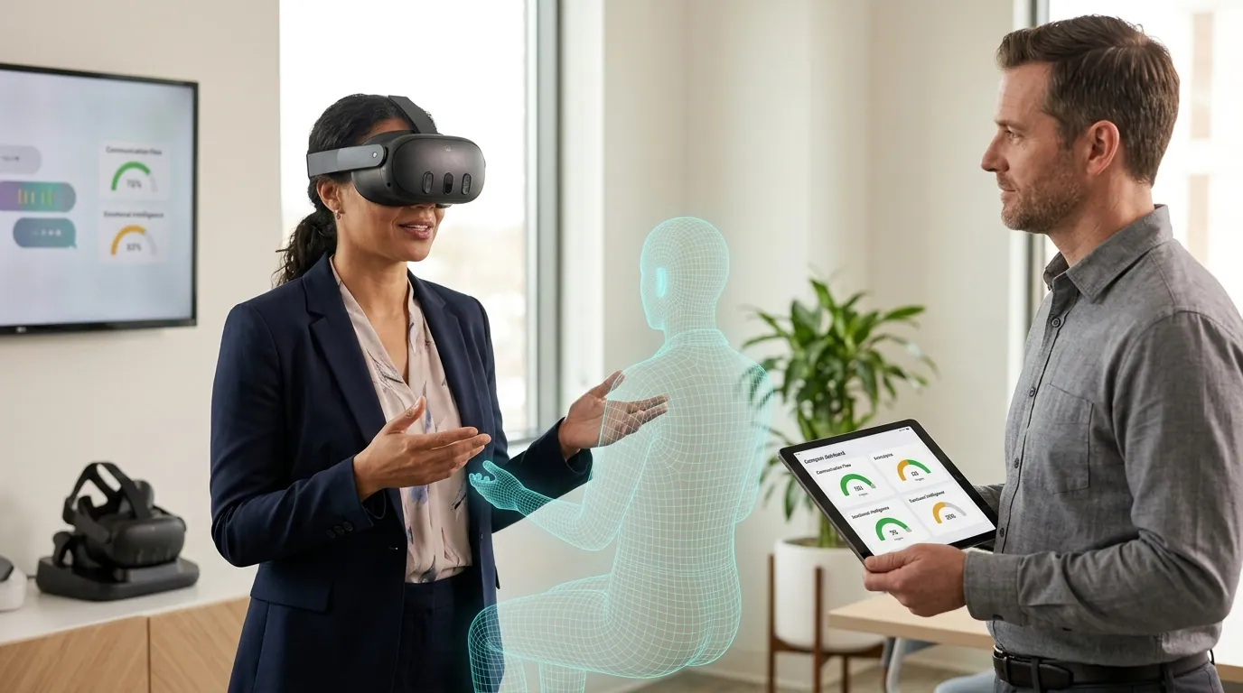 Corporate L&D facilitator monitors manager wearing Meta Quest Pro VR headset practicing a simulated difficult performance review conversation in a modern enterprise training room, with a dashboard screen displaying real-time emotional engagement scores, communication quality ratings, and decision accuracy metrics for a VR soft skills training program