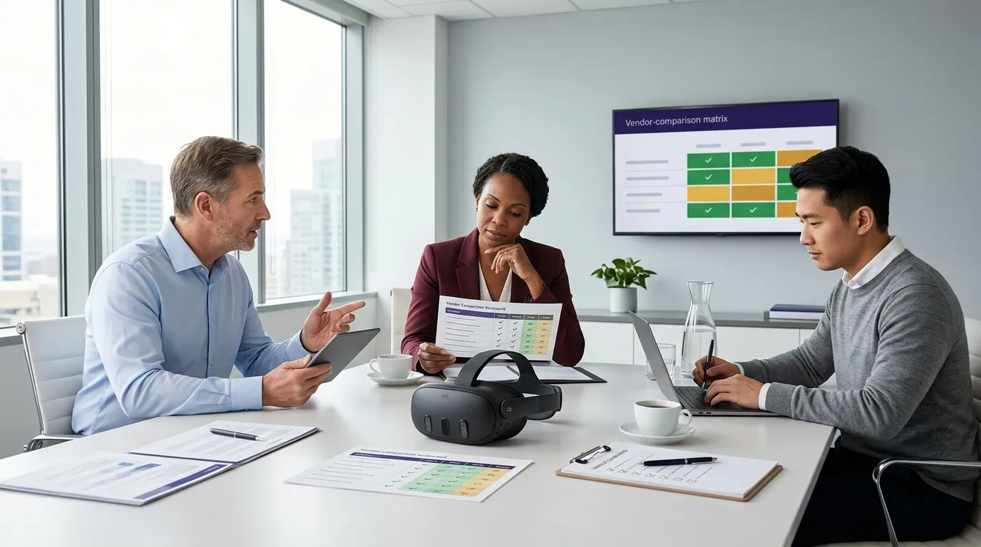 Procurement team of three senior enterprise buyers, two women and one man in professional business attire, conduct a VR training vendor evaluation at a large oval conference table in a Fortune 500 corporate meeting room, each holding printed vendor comparison scorecards with highlighted sections and handwritten notes, one woman testing a Meta Quest 3 VR headset while a vendor representative at the head of the table presents a development process diagram on a wall-mounted screen showing custom scenario creation stages including discovery, 3D modeling, branching logic development, LMS integration testing, and pilot deployment, afternoon sunlight filtering through floor-to-ceiling windows behind the presenter, professional corporate photography with sharp focus on the evaluation materials and slightly blurred background