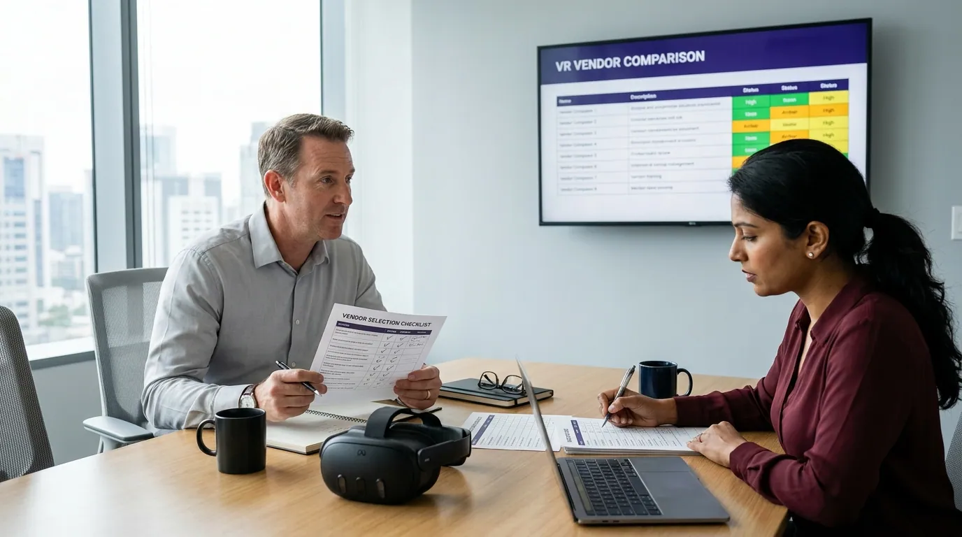 VR training company project manager, a woman in a white button-down shirt, leads a discovery session with a manufacturing client team of three safety managers seated around a rectangular table in an industrial facility conference room, pointing to a printed project timeline showing discovery, 3D modeling, scenario development, LMS integration, and pilot deployment phases, with a laptop open to a VR scenario prototype and a Meta Quest 3 headset sitting on the table between them, safety compliance posters visible on the painted cinder block walls behind, natural overhead fluorescent lighting with a warm tone, editorial corporate photography captured from a slight side angle showing both the presenter and client faces