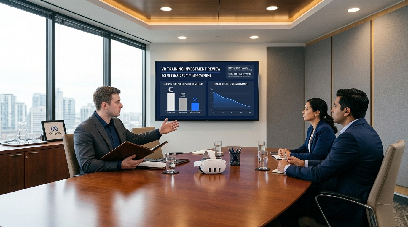 Executive boardroom with VR training ROI dashboard