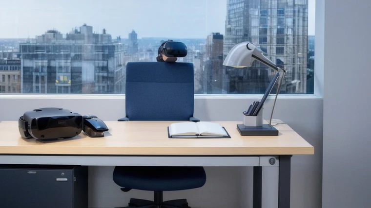 An enterprise learning designer reviews a structured VR training knowledge base and terminology reference on a large monitor with a VR headset on the desk