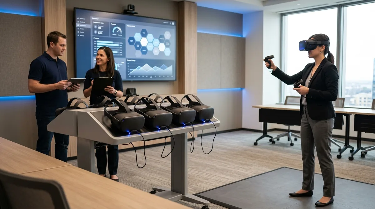 An enterprise IT and L&D team manages a VR training rollout in a modern training room, with a fleet of standalone headsets on a charging rack, a deployment dashboard on a wall monitor, and a worker completing a pilot simulation, professional technology photography, no logos.