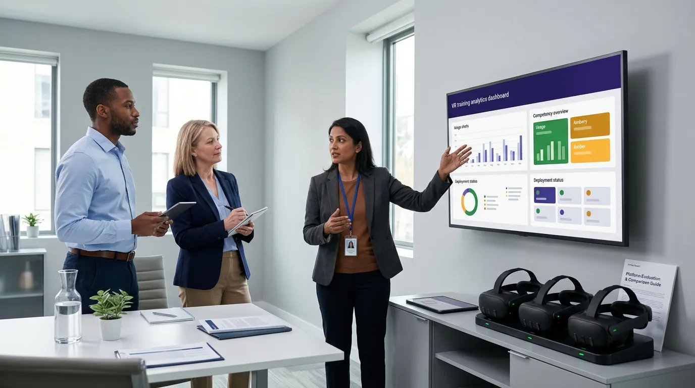 Senior learning and development director in a tailored navy blazer stands at the front of a modern enterprise training center reviewing a large wall-mounted dashboard displaying VR training platform analytics including completion rates, procedure accuracy scores, assessment results, and learner progress metrics across multiple departments, while three HR business partners seated at a curved conference table take notes on tablets, with a row of charging Meta Quest 3 headsets visible on a white equipment rack to the left and floor-to-ceiling windows overlooking a corporate campus in the background, warm overhead lighting creating a professional collaborative atmosphere, wide-angle corporate photography style