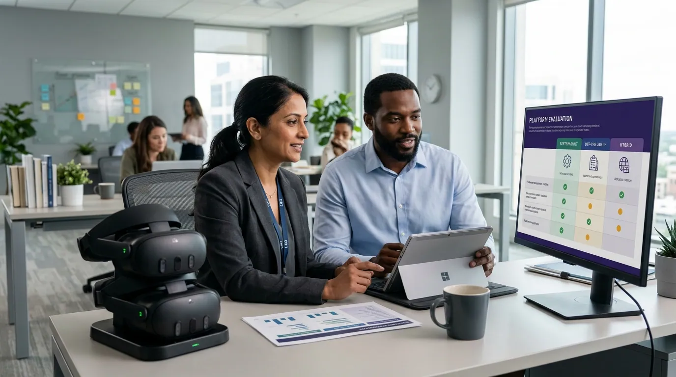 Two L&D professionals, a woman in a charcoal blazer and a man in a light grey dress shirt, conduct a VR training platform evaluation session at a long white conference table covered with printed platform comparison matrices and open laptops, each wearing a Meta Quest 3 headset in alternating turns while the other reviews performance data on a tablet showing session analytics including branching scenario completion paths, step accuracy percentages, and assessment score distributions, with a whiteboard behind them listing evaluation criteria including xAPI integration, fidelity requirements, and multilingual support, shot from a slightly elevated angle in a modern corporate meeting room with diffused natural light from window blinds