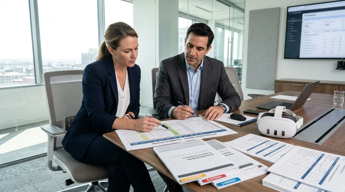 L&D director and procurement manager review a VR training vendor evaluation matrix at a conference table with printed RFP documents and vendor proposal summaries while a Meta Quest headset sits on the table as a reference for hardware specification discussion