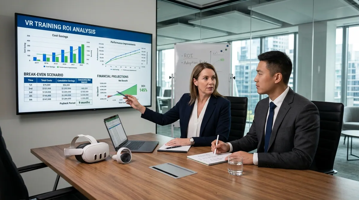 L&D director and CFO review a VR training ROI dashboard on a large monitor showing cost-per-employee comparisons, incident reduction percentages, and break-even timeline projections in a modern executive conference room with a Meta Quest headset on the table