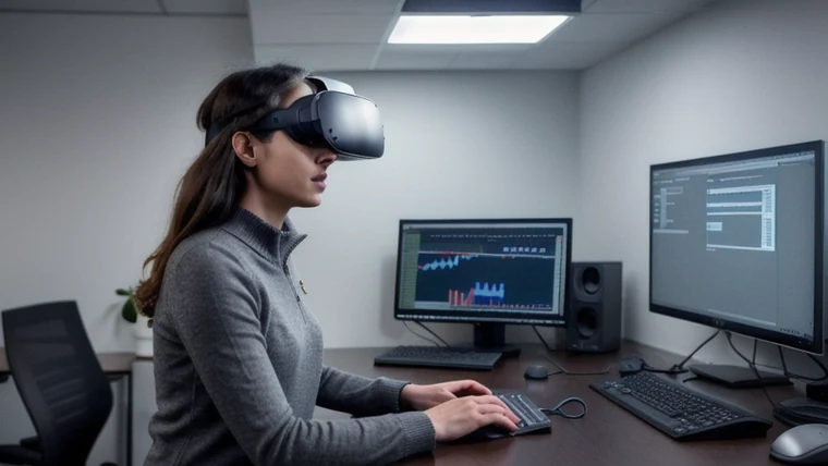 Enterprise software architect reviews a custom VR training software development environment on a wall monitor showing a Unity engine industrial control panel scene and a live xAPI performance analytics dashboard, while a developer in a Meta Quest 3 headset tests a branching safety scenario