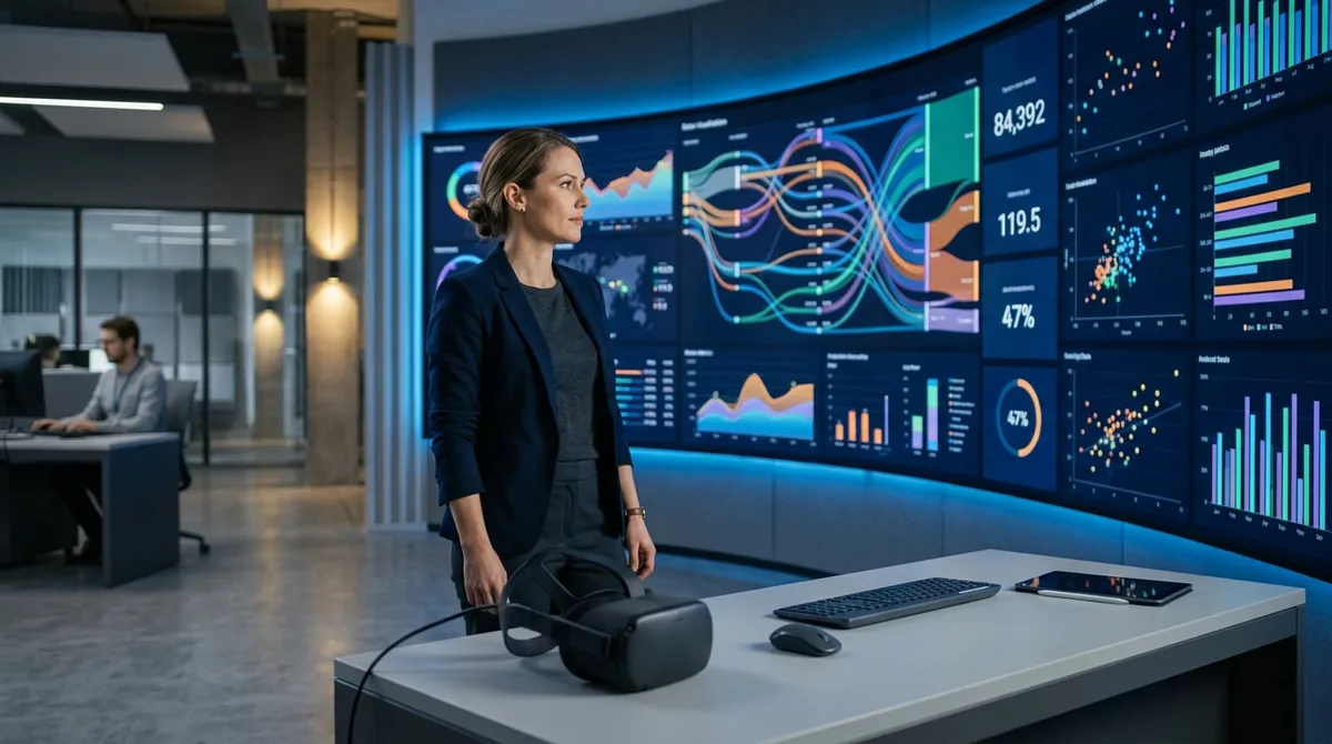 A clean data visualization wall in a corporate research environment displaying key VR training statistics as large numbers and charts on confidence, learning speed, retention, and incident reduction, with an analyst reviewing the figures and a VR headset on the desk, professional technology photography, no logos.