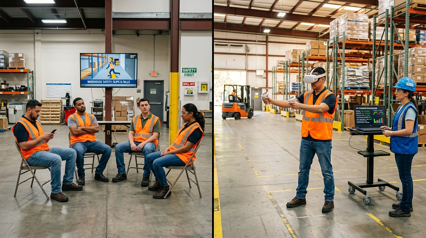Split comparison of disengaged workers watching safety video versus worker actively training in VR headset