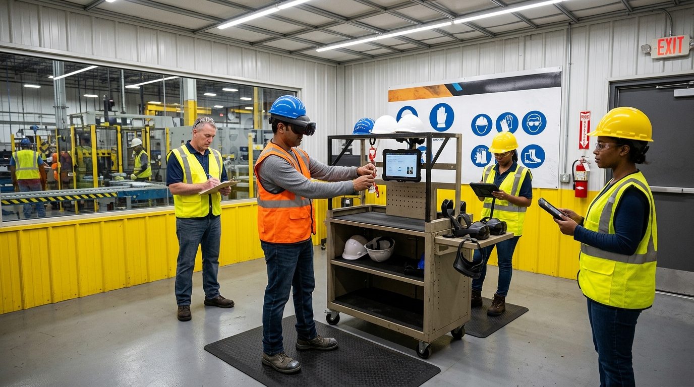 EHS safety manager in hard hat supervises warehouse worker wearing VR headset during simulated chemical spill response training in industrial facility