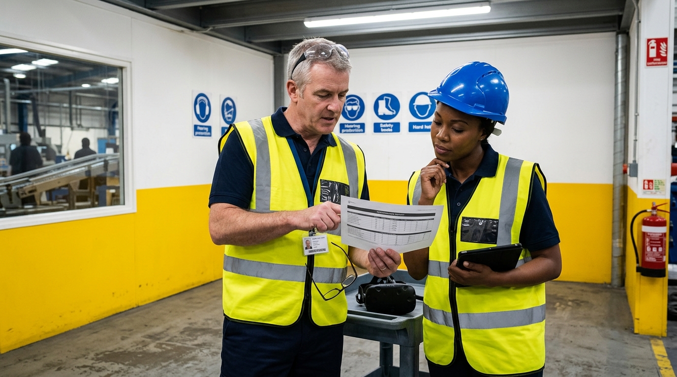 Two industrial safety trainers in blue hard hats and high-visibility vests observe a worker removing a VR headset after completing a confined space entry simulation in a manufacturing plant training room, reviewing printed scenario performance reports while a tablet displays real-time decision accuracy and hazard identification scores — illustrating post-simulation safety debrief in an enterprise VR workplace safety training program