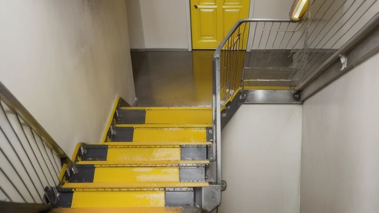 A clean industrial walkway with floor markings, a wet-floor cone and a handrail on a stairway, shown without people, for The Prime VR immersive training.