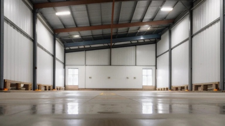 A warehouse receiving dock with pallets, a scanner and a putaway rack, shown without people, for The Prime VR immersive training.