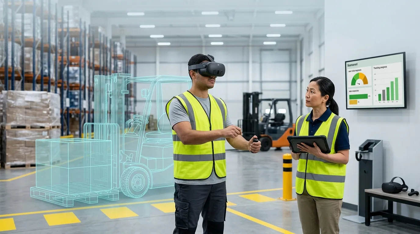Warehouse worker wearing a Meta Quest VR headset practices forklift maneuvering and pedestrian awareness in a simulated distribution center aisle with tall racking and a loading dock, while a logistics safety supervisor reviews near-miss response scores on a wall monitor, illustrating VR warehouse safety training programs compared to traditional video methods