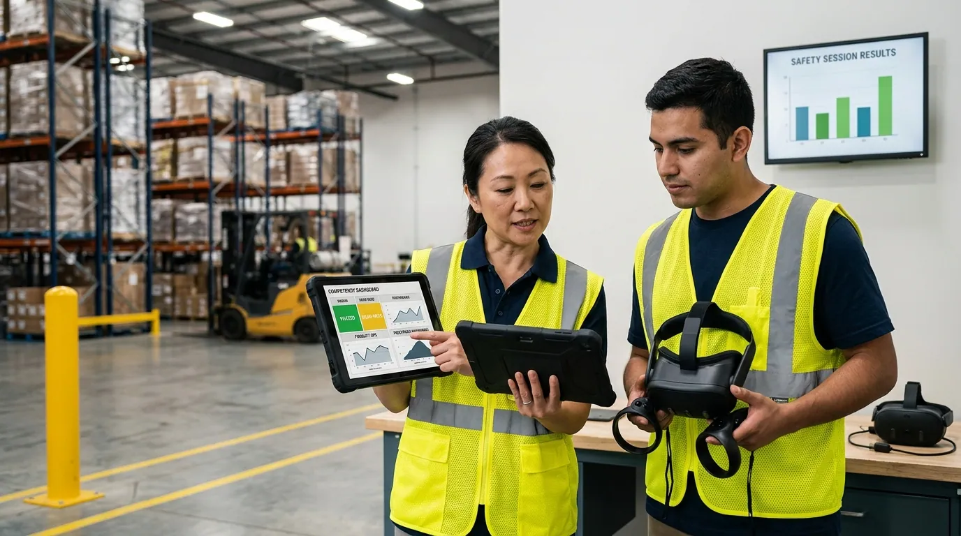 Distribution center safety manager reviews a tablet showing per-worker forklift and pedestrian-awareness competency scores beside a warehouse associate removing a Meta Quest headset after a near-miss simulation, with racking and a loading dock in the background, demonstrating documented competence from a VR warehouse safety training program