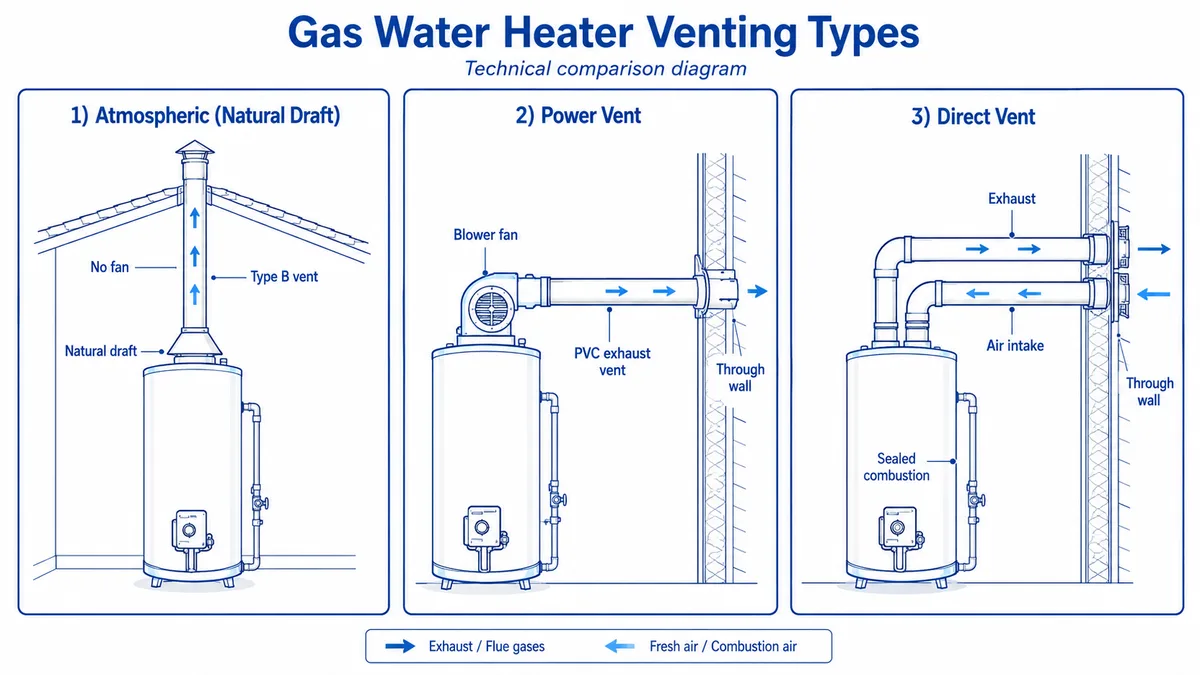 Technical comparison diagram of three gas water heater venting types: atmospheric natural draft with vertical Type B vent, power vent with blower fan and horizontal PVC exhaust, and direct vent with sealed combustion intake and exhaust pipes through the wall.