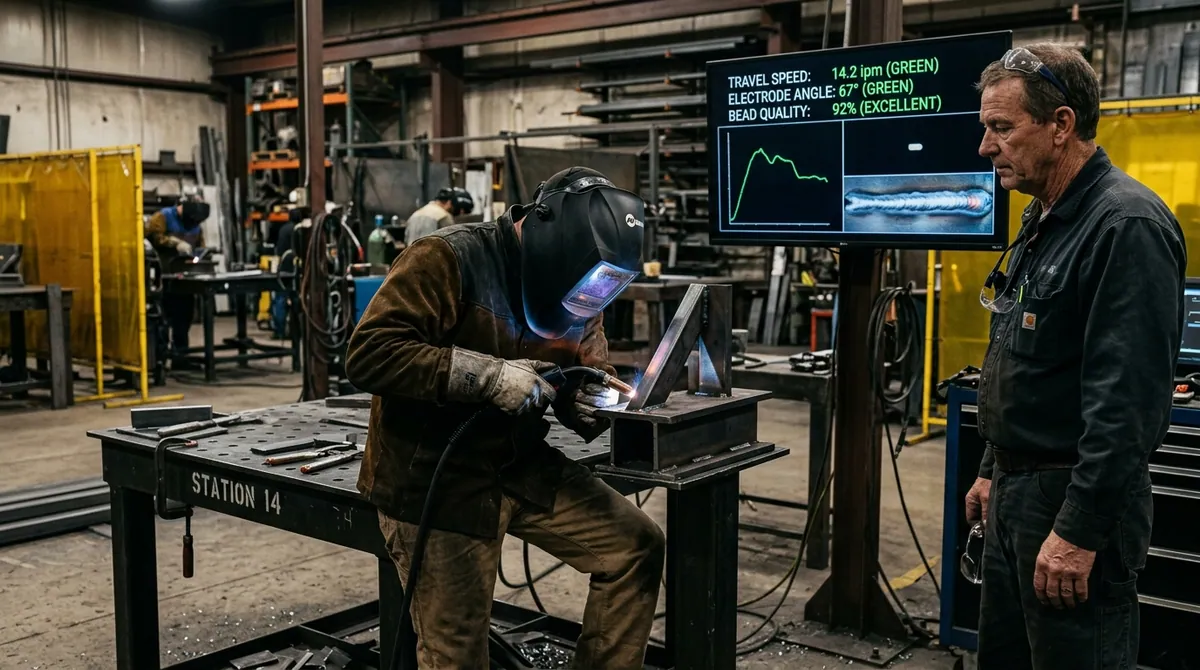 Welding apprentice in a protective welding helmet adapted for VR practices MIG weld bead deposition on a virtual steel joint while a welding instructor reviews travel speed and electrode angle data