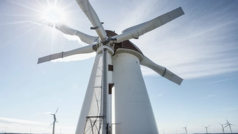 A clean training bay with a wind turbine nacelle component, gearbox and climbing safety harness, shown without people, for The Prime VR immersive training.