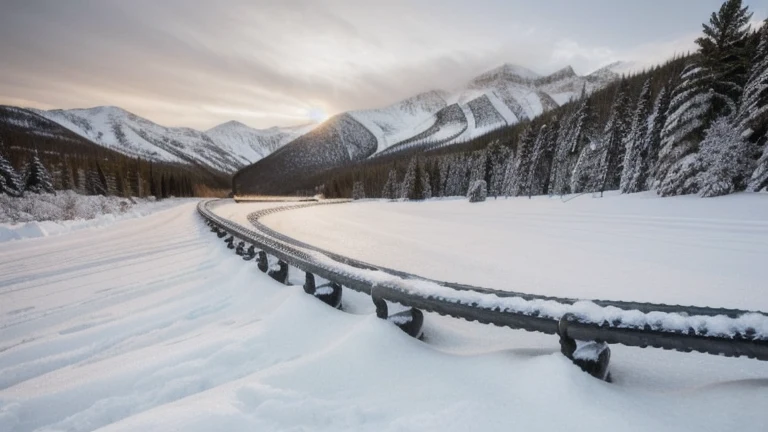 Tire chains, a snow-covered mountain highway and a runaway truck ramp sign area, shown without people, for The Prime VR immersive training.