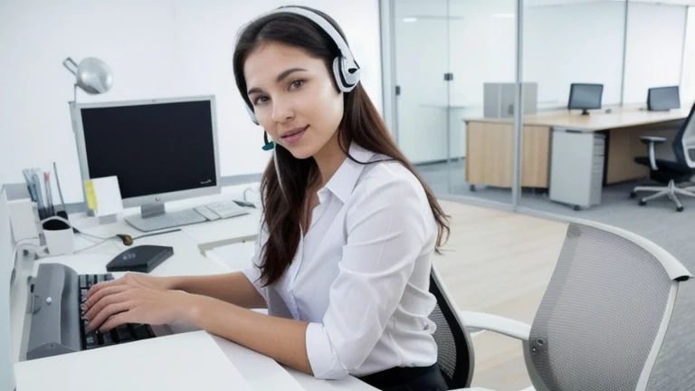 A clean, professional customer service workstation representing Workplace Communication Skills That Improve Teams, shown without people, for The Prime VR immersive training.