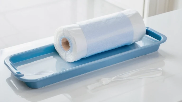 A clean wound care supply station with sterile dressings, gauze rolls and bandage materials on a tray, shown without people, for The Prime VR immersive training.