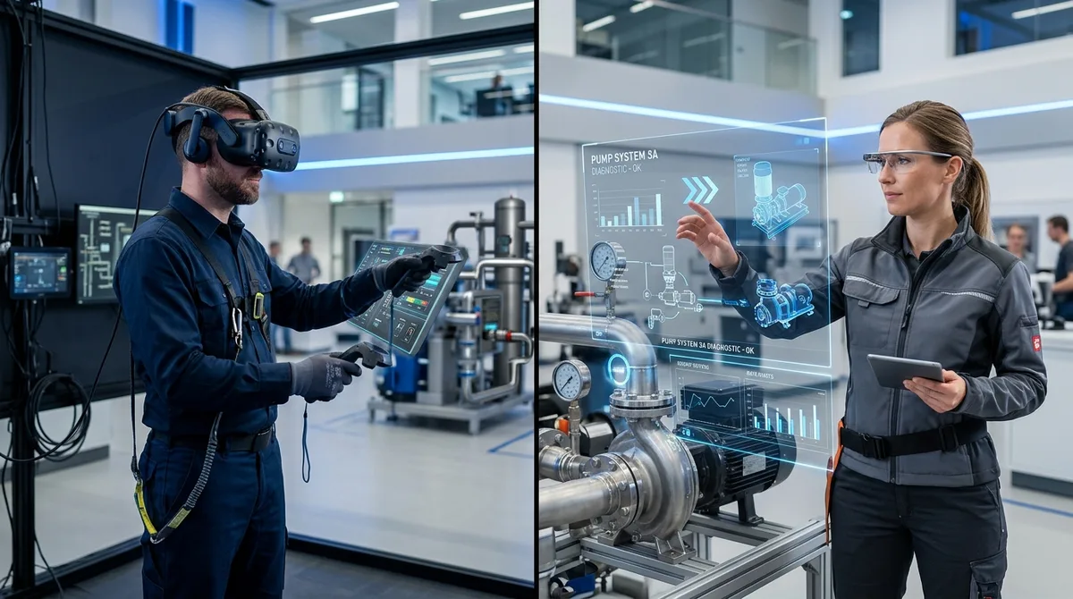 A split enterprise training scene showing extended reality in use: on one side a worker in a fully immersive VR headset practices in a simulated industrial environment, and on the other a field technician wearing augmented reality glasses sees digital guidance overlaid on a real machine, modern professional training facility, clean technology photography.