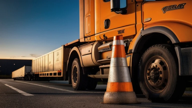 A commercial truck yard with a parked tractor-trailer, a virtual reality headset resting on a clipboard with a pre-trip inspection checklist on a stack of pallets, and safety cones, shown without people, representing a custom commercial driver simulation system by The Prime VR