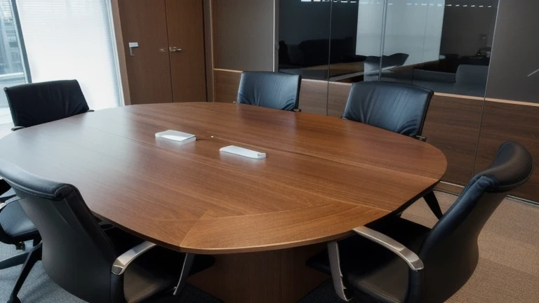 A clean modern corporate training room with a virtual reality headset on a conference table beside a closed policy binder, an ID badge, and a laptop, shown without people, representing a custom compliance simulation system by The Prime VR