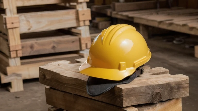 Construction staging area with a hard hat, safety harness, and VR headset on a stack of lumber